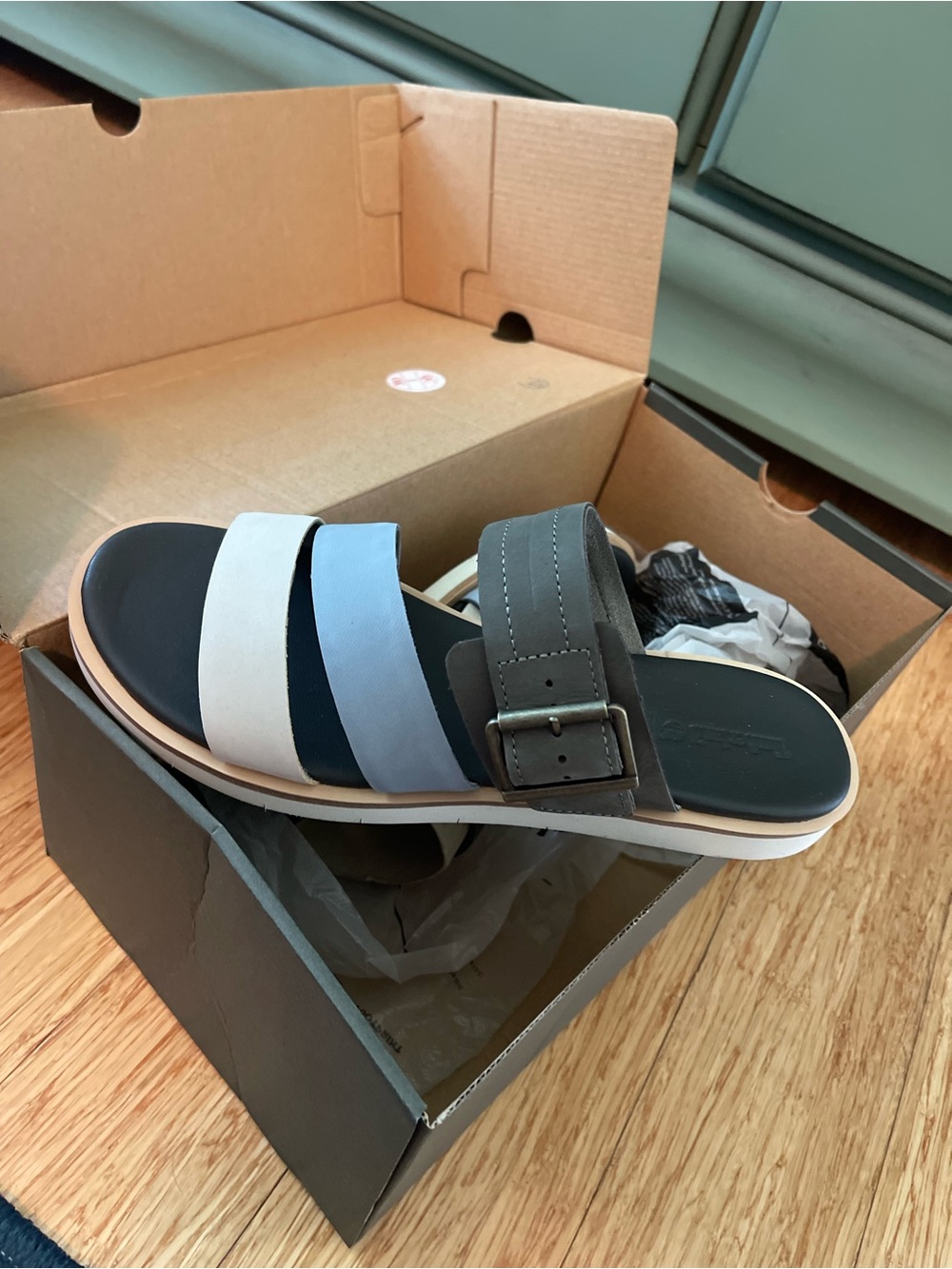 Timberland Women's Strappy Slide Sandal in Black, Light Blue, White, and Gray